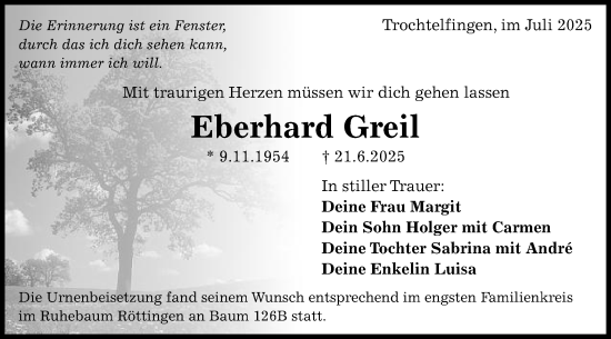 Traueranzeige von Eberhard Greil von Schwäbische Post