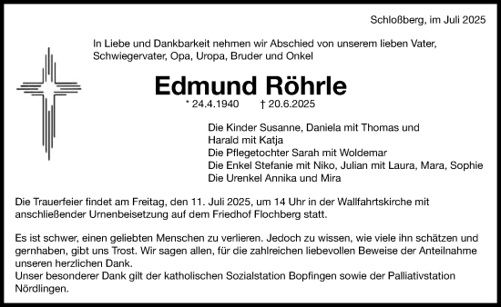 Traueranzeige von Edmund Röhrle von Schwäbische Post