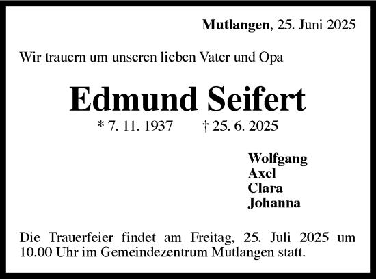 Traueranzeige von Edmund Seifert von Gmünder Tagespost