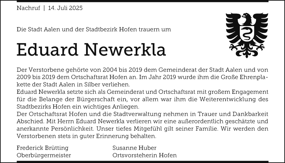  Traueranzeige für Eduard Newerkla vom 14.07.2025 aus Schwäbische Post