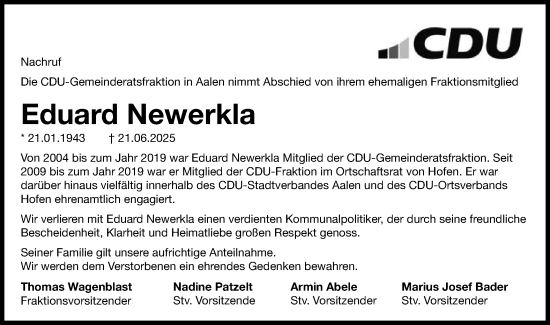 Traueranzeige von Eduard Newerkla von Schwäbische Post