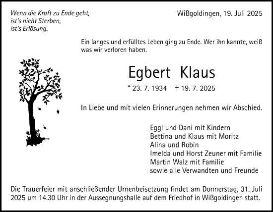 Traueranzeige von Egbert Klaus von Gmünder Tagespost