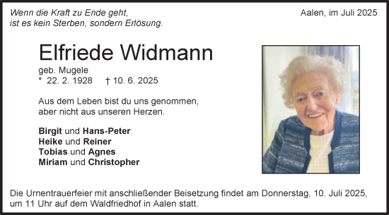 Traueranzeige von Elfriede Widmann von Schwäbische Post