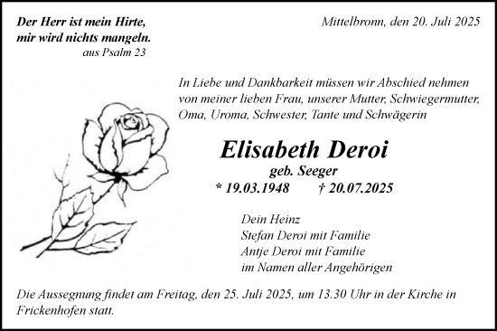 Traueranzeige von Elisabeth Deroi von Gmünder Tagespost
