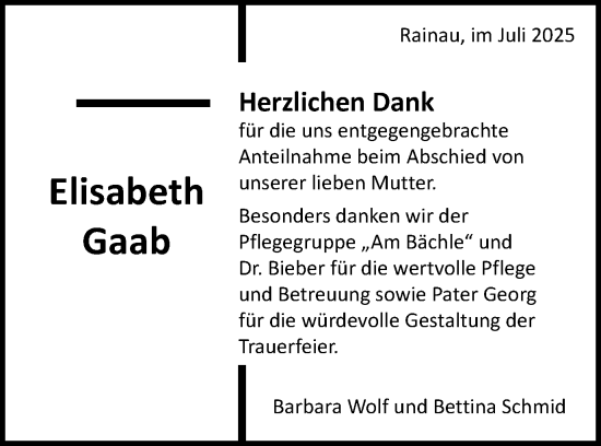 Traueranzeige von Elisabeth Gaab von Schwäbische Post
