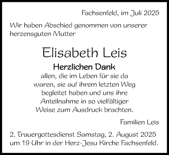 Traueranzeige von Elisabeth Leis von Schwäbische Post