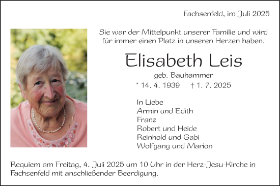 Traueranzeige von Elisabeth Leis von Schwäbische Post