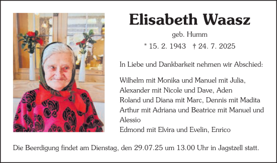 Traueranzeige von Elisabeth Waasz von Schwäbische Post