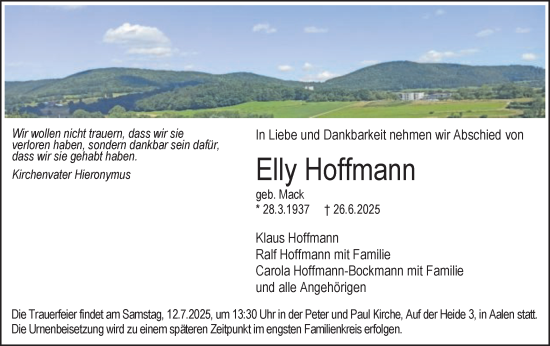 Traueranzeige von Elly Hoffmann von Schwäbische Post
