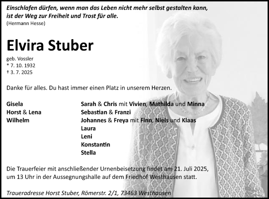Traueranzeige von Elvira Stuber von Schwäbische Post