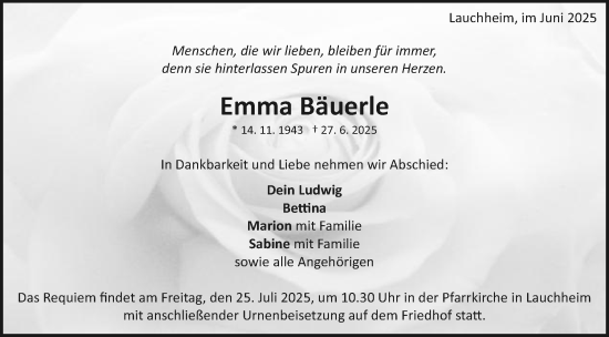 Traueranzeige von Emma Bäuerle von Schwäbische Post