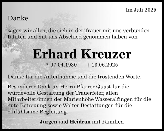 Traueranzeige von Erhard Kreuzer von Schwäbische Post