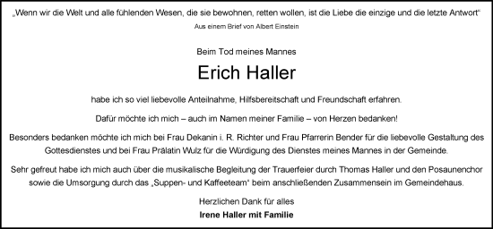 Traueranzeige von Erich Haller von Schwäbische Post