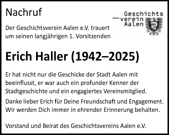 Traueranzeige von Erich Haller von Schwäbische Post
