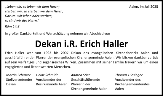 Traueranzeige von Erich Haller von Schwäbische Post