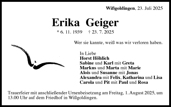 Traueranzeige von Erika Geiger von Gmünder Tagespost