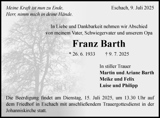 Traueranzeige von Franz Barth von Gmünder Tagespost