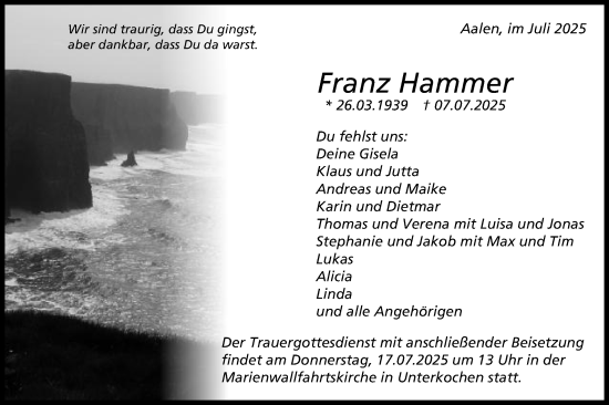 Traueranzeige von Franz Hammer von Schwäbische Post