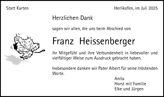 Traueranzeige von Franz Heissenberger von Gmünder Tagespost