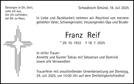 Traueranzeige von Franz Reif von Gmünder Tagespost