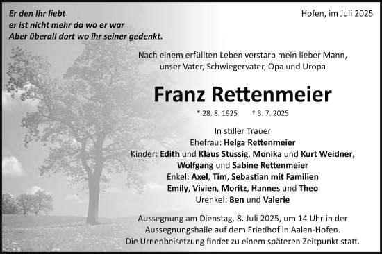 Traueranzeige von Franz Rettenmeier von Schwäbische Post