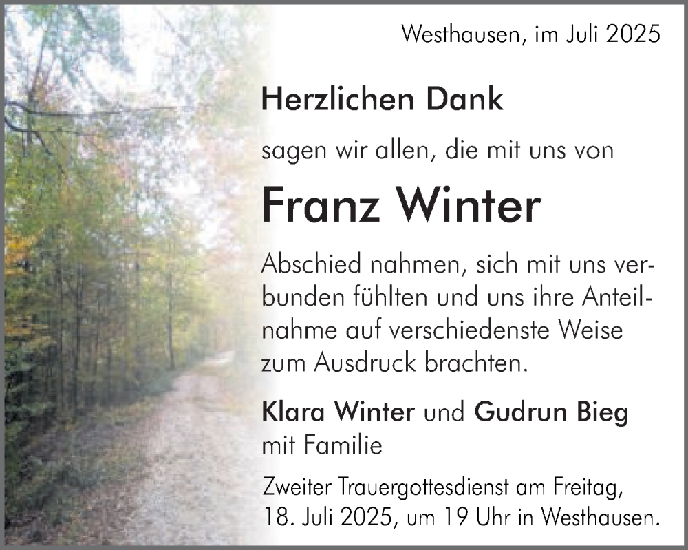  Traueranzeige für Franz Winter vom 15.07.2025 aus Schwäbische Post