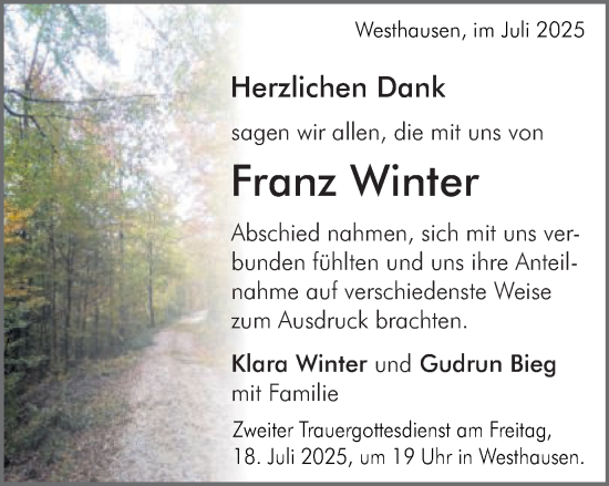Traueranzeige von Franz Winter von Schwäbische Post