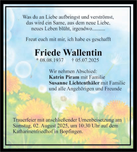 Traueranzeige von Friede Wallentin von Schwäbische Post