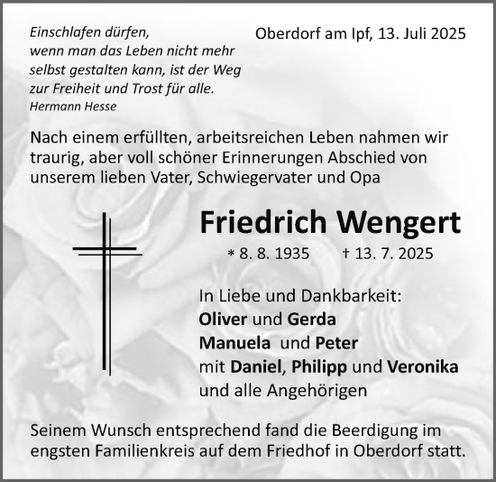 Traueranzeige von Friedrich Wengert von Schwäbische Post