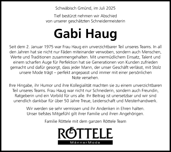 Traueranzeige von Gabriele Haug von Gmünder Tagespost