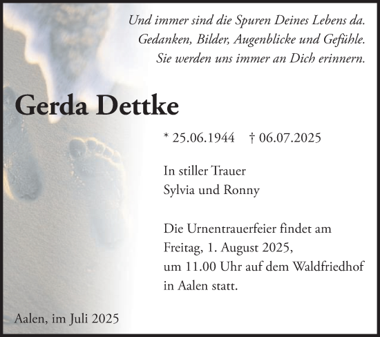 Traueranzeige von Gerda Dettke von Schwäbische Post