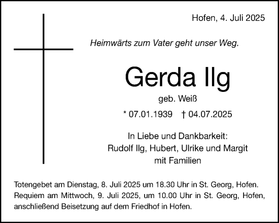 Traueranzeige von Gerda Ilg von Schwäbische Post