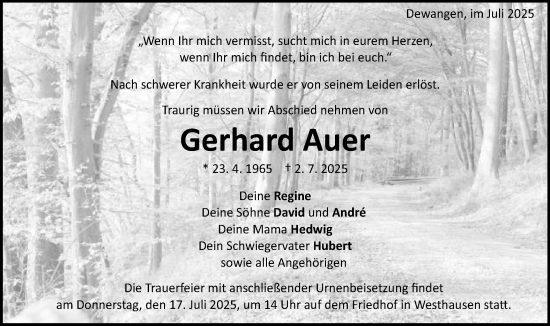 Traueranzeige von Gerhard Auer von Schwäbische Post