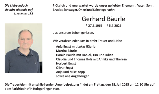 Traueranzeige von Gerhard Bäurle von Schwäbische Post