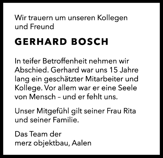 Traueranzeige von Gerhard Bosch von Schwäbische Post