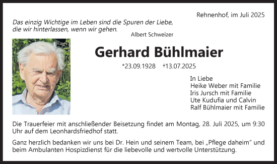 Traueranzeige von Gerhard Bühlmaier von Gmünder Tagespost