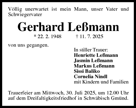 Traueranzeige von Gerhard Leßmann von Gmünder Tagespost