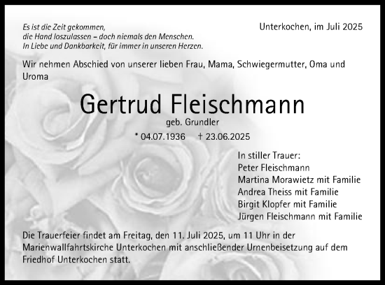 Traueranzeige von Gertrud Fleischmann von Schwäbische Post
