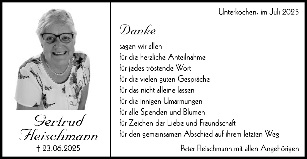  Traueranzeige für Gertrud Fleischmann vom 31.07.2025 aus Schwäbische Post