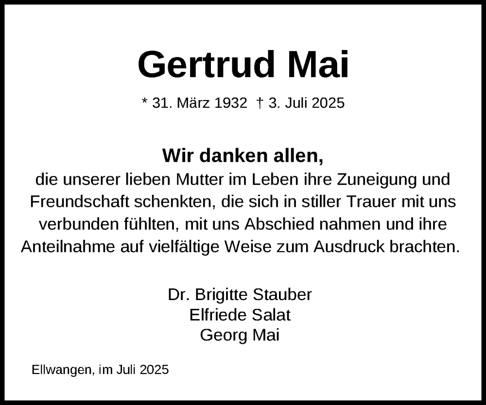  Traueranzeige für Gertrud Mai vom 25.07.2025 aus Schwäbische Post