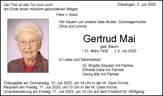 Traueranzeige von Gertrud Mai von Schwäbische Post