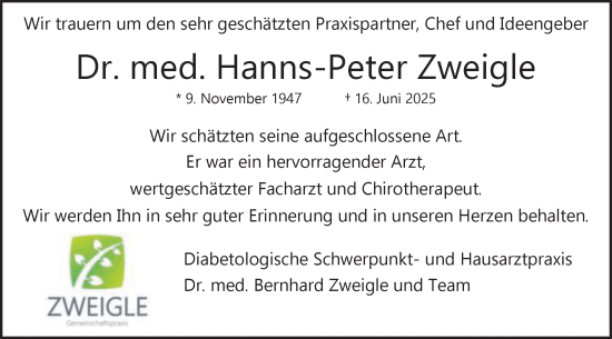 Traueranzeige von Hanns-Peter Zweigle von Schwäbische Post