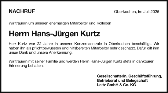 Traueranzeige von Hans-Jürgen Kurtz von Schwäbische Post