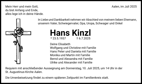 Traueranzeige von Hans Kinzl von Schwäbische Post