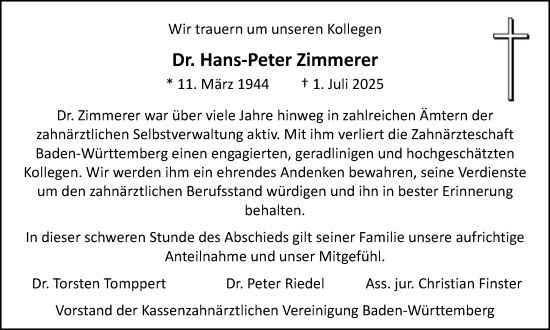 Traueranzeige von Hans-Peter Zimmerer von Schwäbische Post