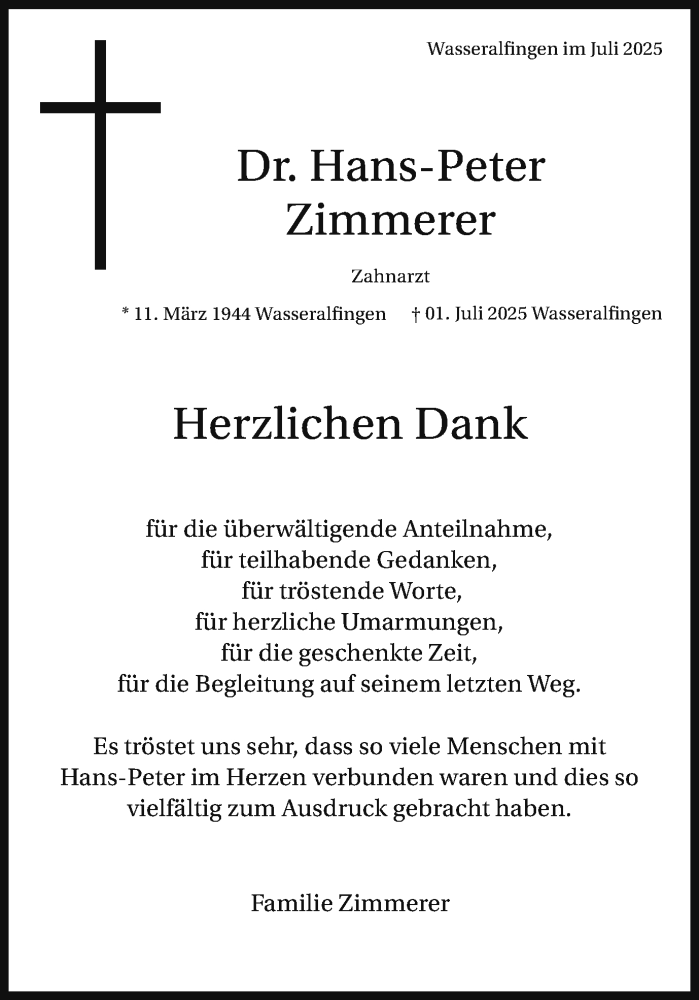  Traueranzeige für Hans-Peter Zimmerer vom 15.07.2025 aus Schwäbische Post