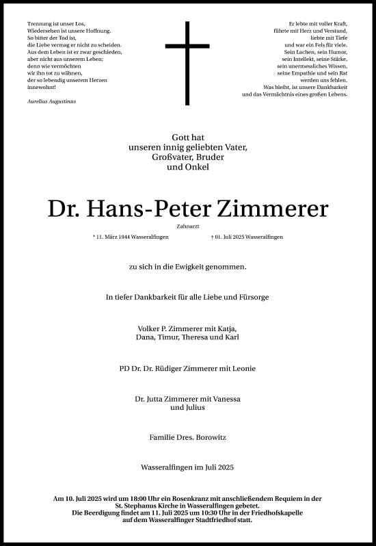 Traueranzeige von Hans-Peter Zimmerer von Schwäbische Post