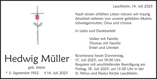 Traueranzeige von Hedwig Müller von Schwäbische Post