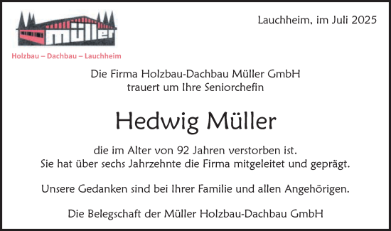 Traueranzeige von Hedwig Müller von Schwäbische Post
