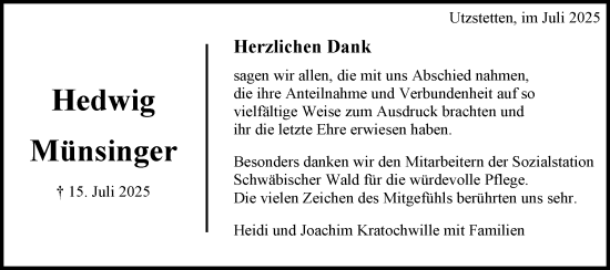 Traueranzeige von Hedwig Münsinger von Gmünder Tagespost